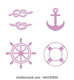 Anchor, knot, steering wheel, lifebuoy, set of icons on the marine theme. Vector illustration.