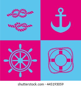 Anchor, knot, steering wheel, lifebuoy, set of icons on the marine theme. Vector illustration.