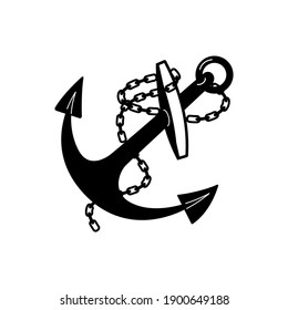 The anchor is large, metal with a chain. Black on white. Vector, isolated.