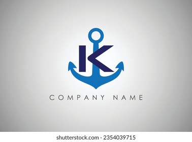 Anchor  Letter K logo icon design template. Business symbol or sign. Line anchor shield luxury logotype. Logo of yacht club, maritime. Vector illustration.