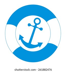 Anchor and life buoy, white background , blue color