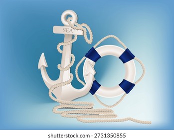 Âncora e salva-vidas com uma corda, tons claros e azul. Fundo marinho.