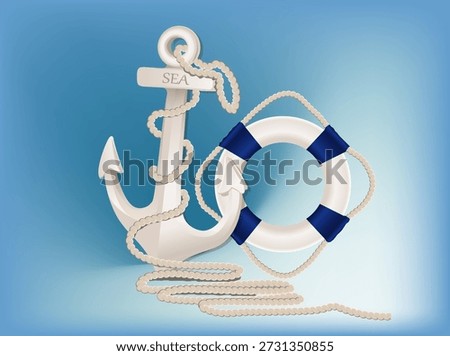Anchor and life preserver with a rope, light tones and blue. Marine background.