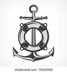 Anchor with lifebuoy, nautical symbols on white, marine. Vector illustration.