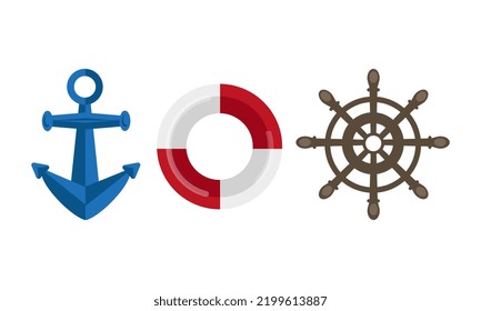 Anchor. Lifebuoy. The rudder of the ship. Vector icons in flat style on a white background.