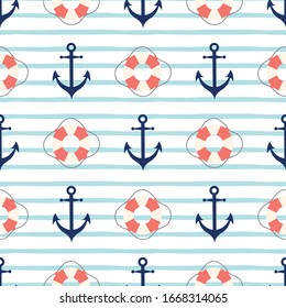 Anchor, lifebuoy seamless sea pattern Cute cartoon sailing marine background Blue stripped print vector