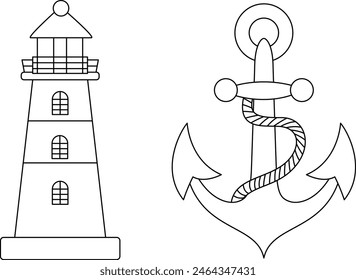 Anchor and lighthouse coloring page for kids. Summer outline doodle colouring page isolated on white background. Summer coloring book for kids