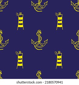 Ancla y faro dibujado con un marcador amarillo sobre papel azul. Fondo perfecto con anclaje y patrón de luz. Concepto de vacaciones de verano.