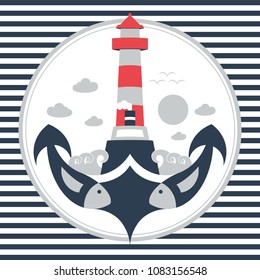 Anchor lighthouse fish illustration