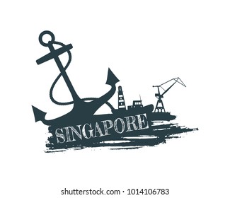 Anchor, lighthouse, ship and crane icons on brush stroke. Calligraphy inscription. Singapore city name text