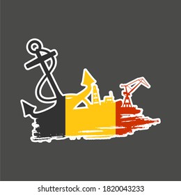 Anchor, lighthouse, ship and crane icons on brush stroke. Flag of Belgium