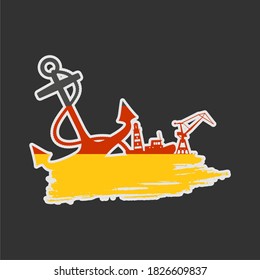 Anchor, lighthouse, ship and crane icons on brush stroke. Flag of Germany