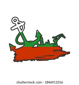 Anchor, lighthouse, ship and crane icons on brush stroke. Flag of Bulgaria