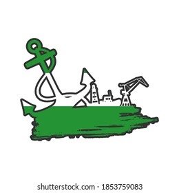 Anchor, lighthouse, ship and crane icons on brush stroke. Flag of Rotterdam