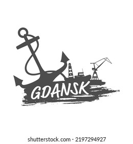 Iconos de anclaje, faro, nave y grúa en el trazo de pincel. Inscripción caligráfica. Texto del nombre de la ciudad de Gdansk.