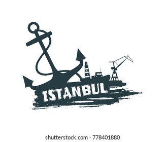 Anchor, lighthouse, ship and crane icons on brush stroke. Calligraphy inscription. Istanbul cargo port name.