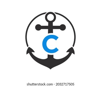 Anchor logo with C letter. Initial C letter with Anchor. Marine, Sailing Boat Logo. 