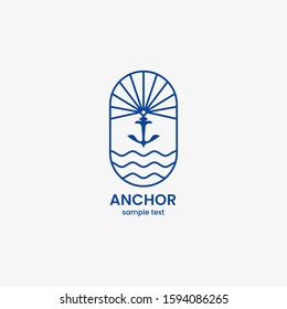 Anchor logo design with wave and sun vector illustration