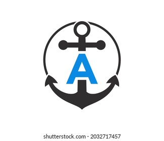 Anchor logo with A letter Concept. Initial A letter with Anchor. Marine, Sailing Boat Logo. 