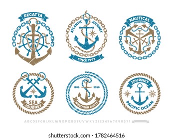 Anchor logo, nautical adventure emblem, t-shirt print style. Vector illustration set