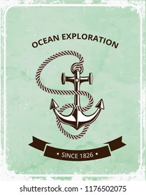 Anchor logo on a retro grunge background, anchor with rope and a banner with place for text. Vector illustration.