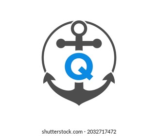 Anchor logo with Q letter Concept. Initial Q letter with Anchor. Marine, Sailing Boat Logo. 