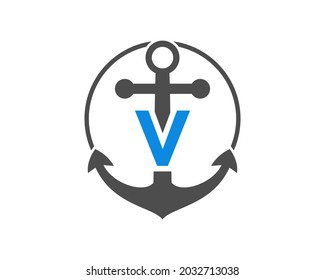 Anchor logo with V letter. Marine, Sailing Boat Logo. Initial V letter with Anchor. 