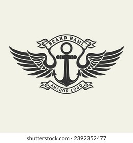 anchor logo, anchor, wings, ribbon vintage style company design related to the sea