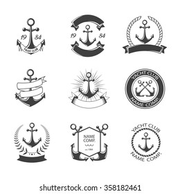 Anchor logo and yacht club set. Retro Vintage Logotypes or insignias set. Vector design elements, business signs, logos, identity, labels, badges, apparel, ribbons, stickers and other branding objects