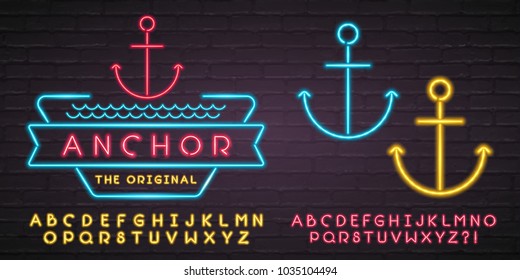 Anchor Logotype Neon lIght Glowing Vector Illustration Bright with Alphabet Set Red and Yellow Light Bright 