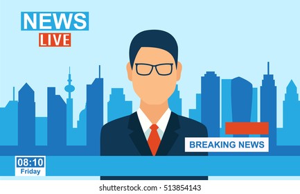 Anchor Man Reports Breaking News, Headline On Tv Screen. Newsreader. Flat Style Vector Illustration. 