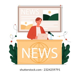 Anchor man telling news concept. Young guy sits in studio and tells information. Mass media and propaganda, journalist with microphone. Information and knowledge. Cartoon flat vector illustration