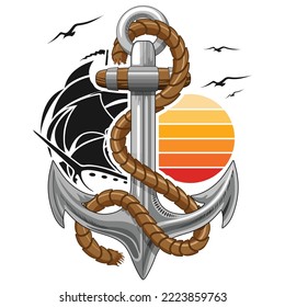 Anchor Marine retro Element Vector Logo Design with Sun, Sailing Boat and Seagulls Flight isolated on white
