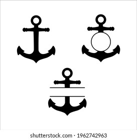 Anchor with monogram silhouette is black. Vector icon isolated on white background.