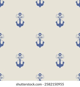 Anchor and mooring rope with cute bows vector seamless pattern. Fisherman aesthetic background for textile, paper, wrapping, package.
