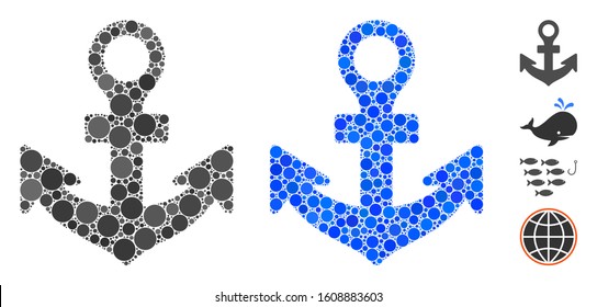 Anchor mosaic of small circles in different sizes and color tints, based on anchor icon. Vector filled circles are composed into blue mosaic. Dotted anchor icon in usual and blue versions.