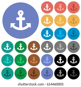 Anchor multi colored flat icons on round backgrounds. Included white, light and dark icon variations for hover and active status effects, and bonus shades on black backgounds.