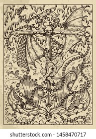 Anchor. Mystic concept for Lenormand oracle tarot card. Vector engraved illustration. Fantasy line art drawing and tattoo sketch. Gothic, occult and esoteric background