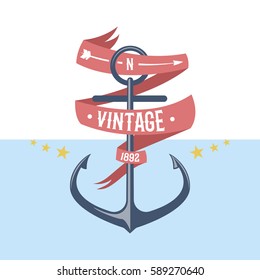 Anchor nautical and marine sailing themed label vector.
