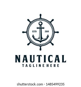 Anchor, nautical retro hipster logo design with ship's wheel and circular rope