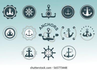Anchor nautical symbols vector badges.