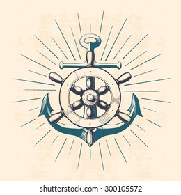 anchor with navigation wheel, hand drawn illustration