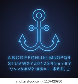 Anchor neon light icon. Glowing sign with alphabet, numbers and symbols. Vector isolated illustration
