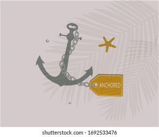 Anchura en la playa a la sombra de una palmera. Ilustración vectorial de los accesorios de la playa de dibujos animados. С personaje de artoon para folletos, volante, tienda, turismo.