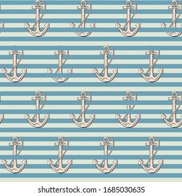 Anchor on blue stripes background seamless sailor pattern. Art design elements stock vector illustration for web, for print, for fabric print, for cover