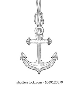Anchor on a rope. Hand drawn sketch. Vector illustration isolated on white background