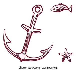 Anchor on seabed with fish and starfish. Underwater life