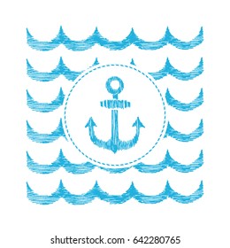 Anchor on wave background. Water hand drawn texture. Abstract marine background with wavy stripes and navy symbol.