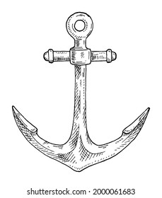 Anchor on white background. Vintage vector engraving monochrome black illustration. Hand drawn design in a graphic ink style.