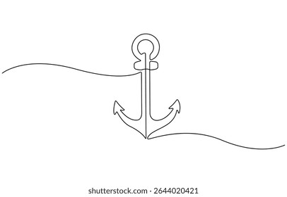Anchor one continuous line vector doodle drawing. Sea icon, Continuous line drawing of sea anchor, Large sea anchor of the ship. Set of sea ocean elements, Editable Stroke,